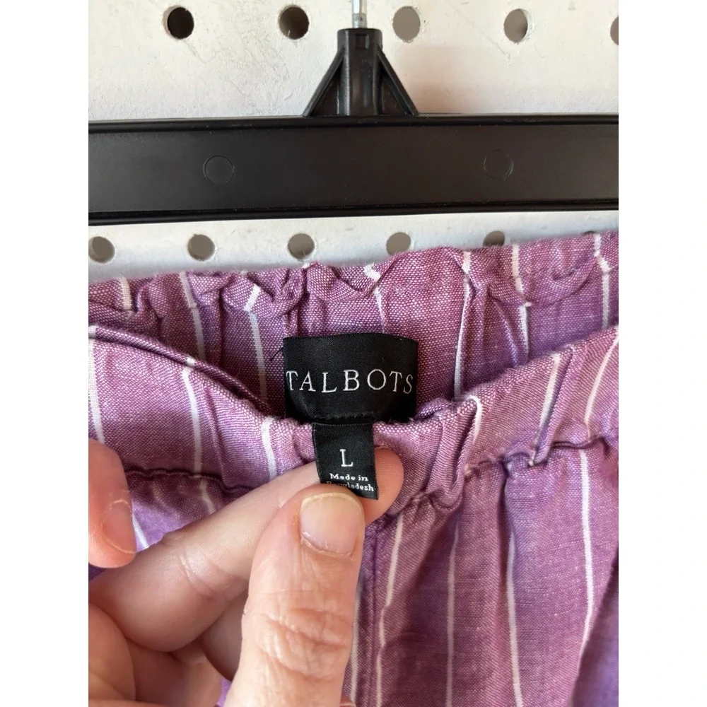 Talbots Women's Lg Linen Cotton Striped Purple Crop Pants Wide Leg Pull On